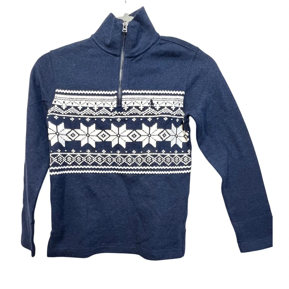 Polo Ralph Lauren Boys Navy Blue Fair Isle Snowflake Quarter Zip Pullover Size 8